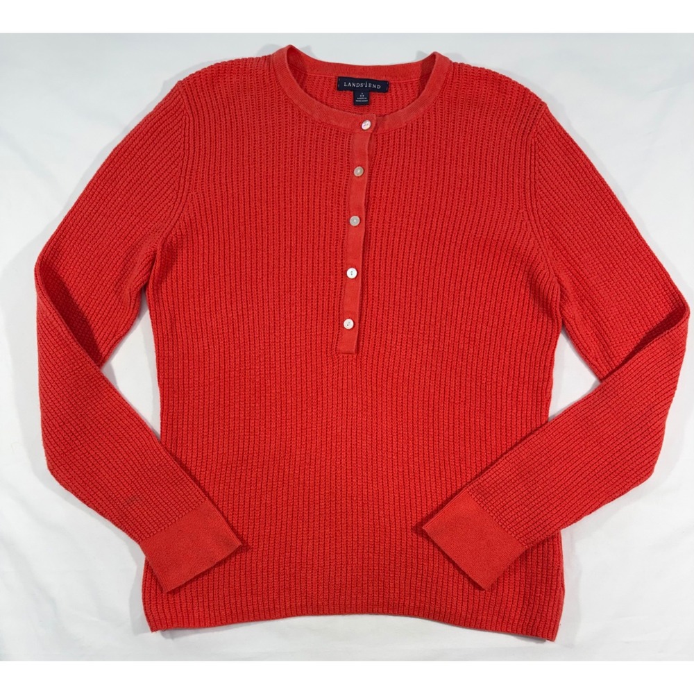 Vintage Lands' End Red Cotton Cashmere Waffle Knit Henley Sweater Womens Small